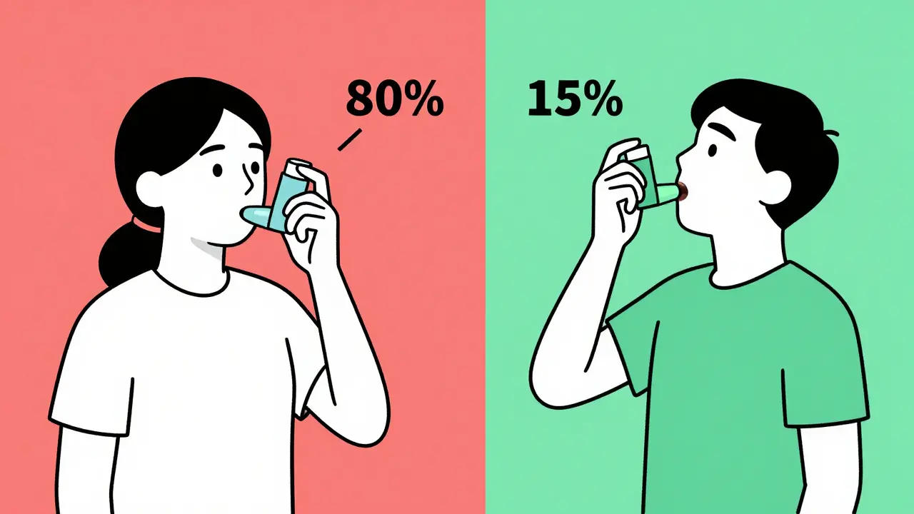 Side-by-side comparison of correct vs. incorrect inhaler technique with particle flow visualization