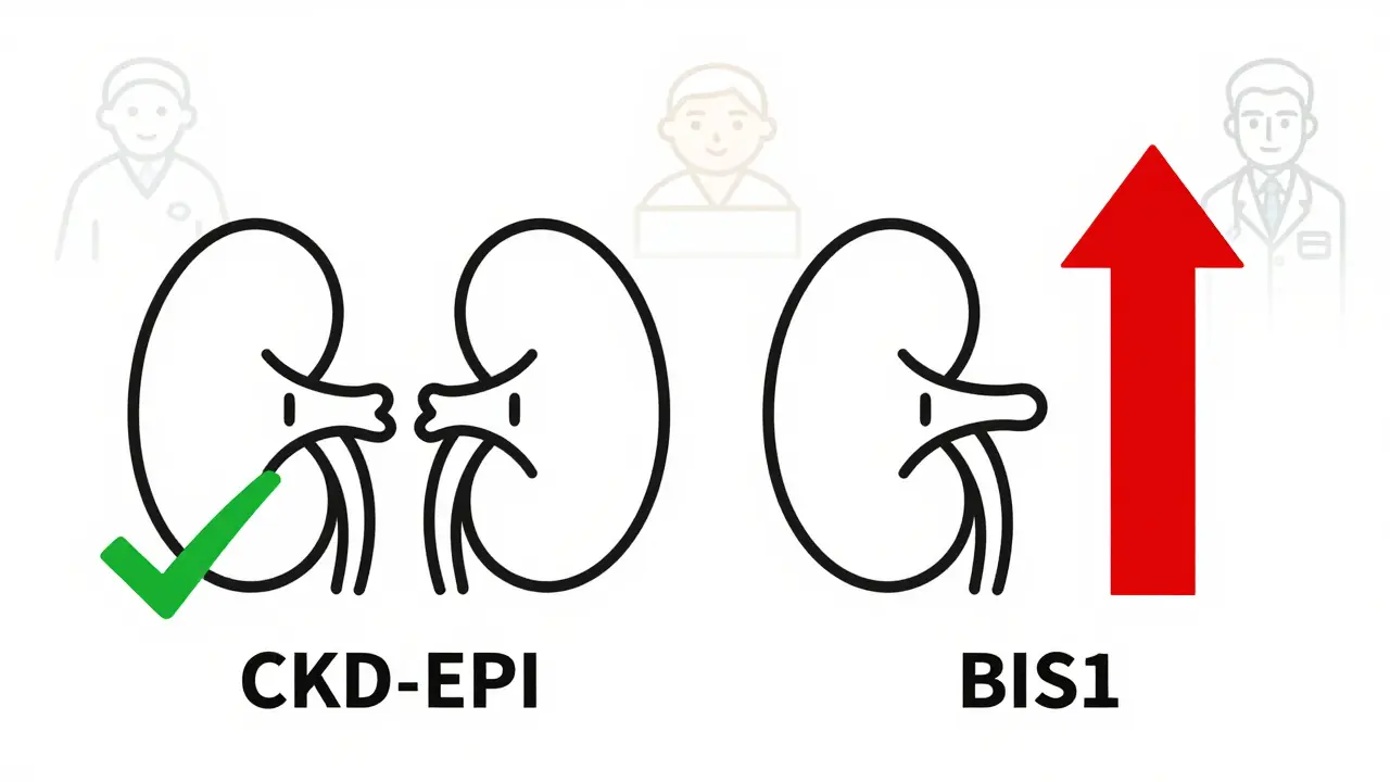 Side-by-side kidney function charts comparing CKD-EPI and BIS1 accuracy.