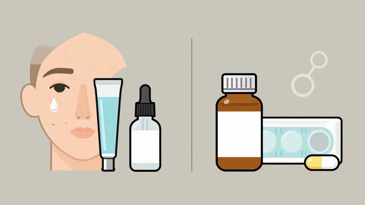 Side-by-side minimalist icons representing topical creams and oral medications for acne treatment.