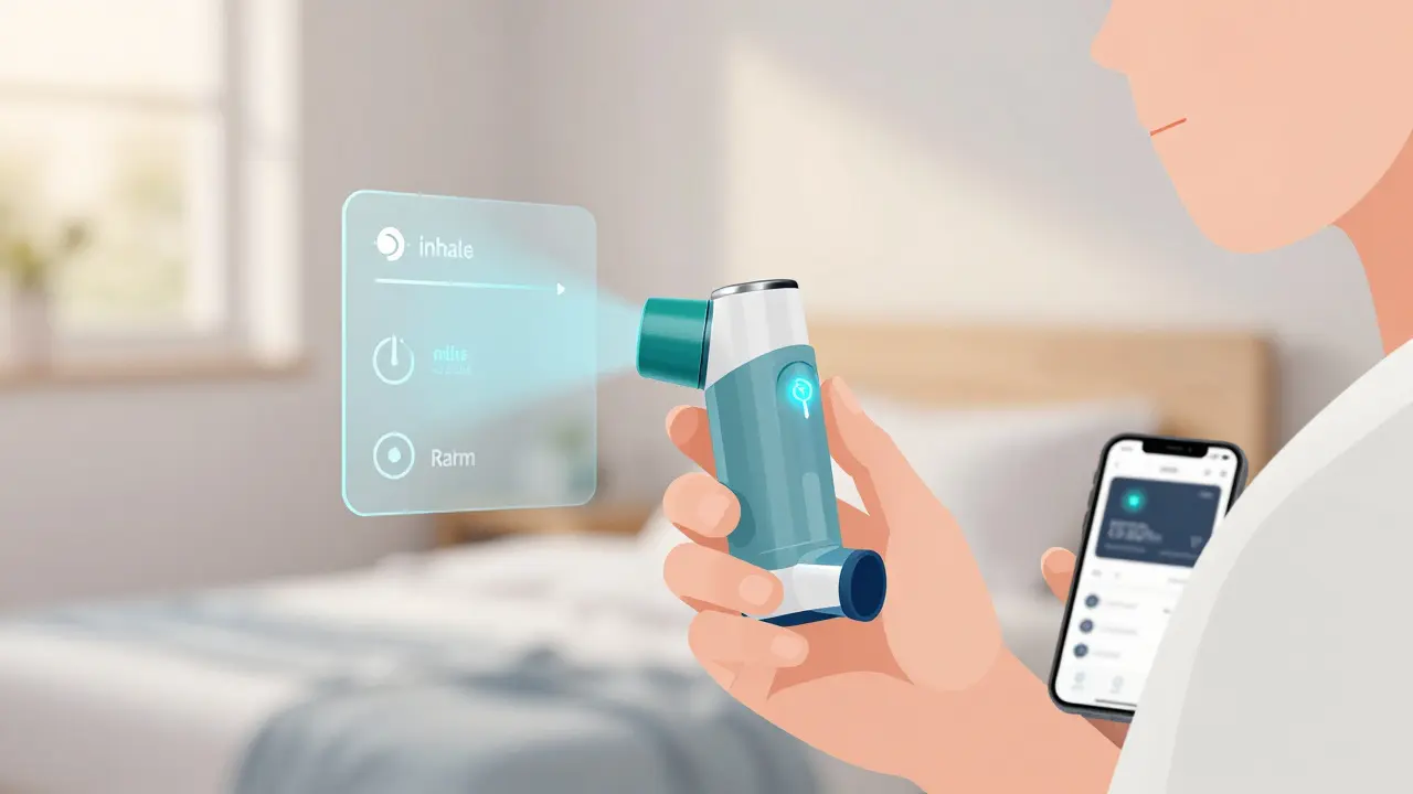 Smart inhaler with digital feedback syncing to phone app during use in a calm home setting