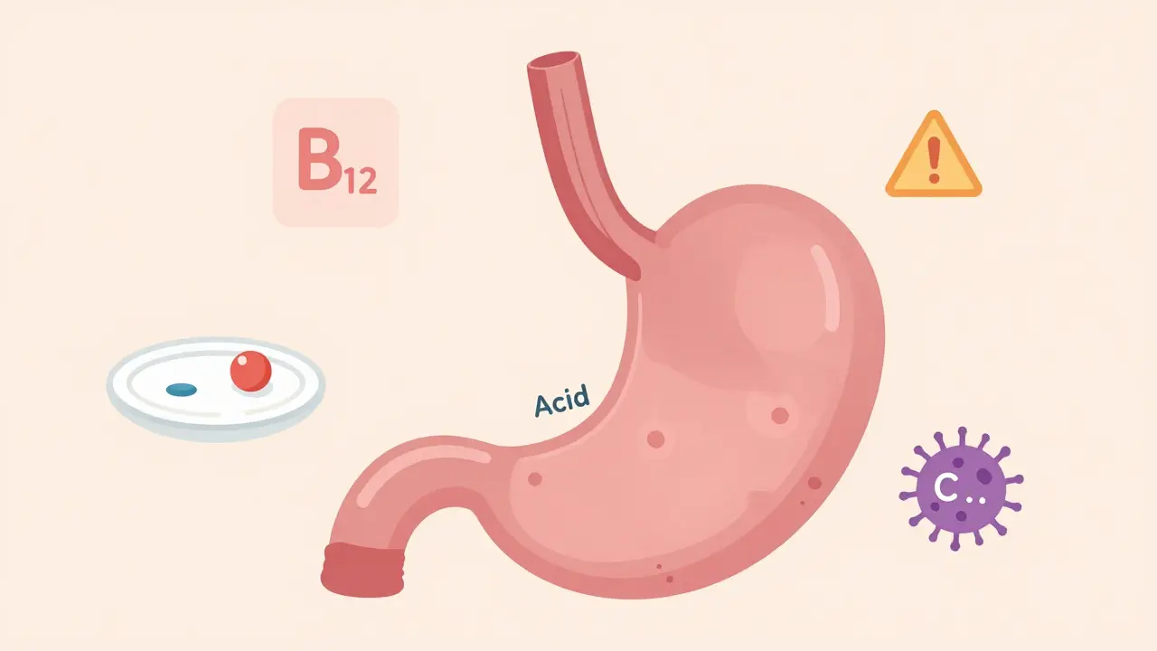 Stomach with icons representing PPI side effects: magnesium, B12, and C. diff