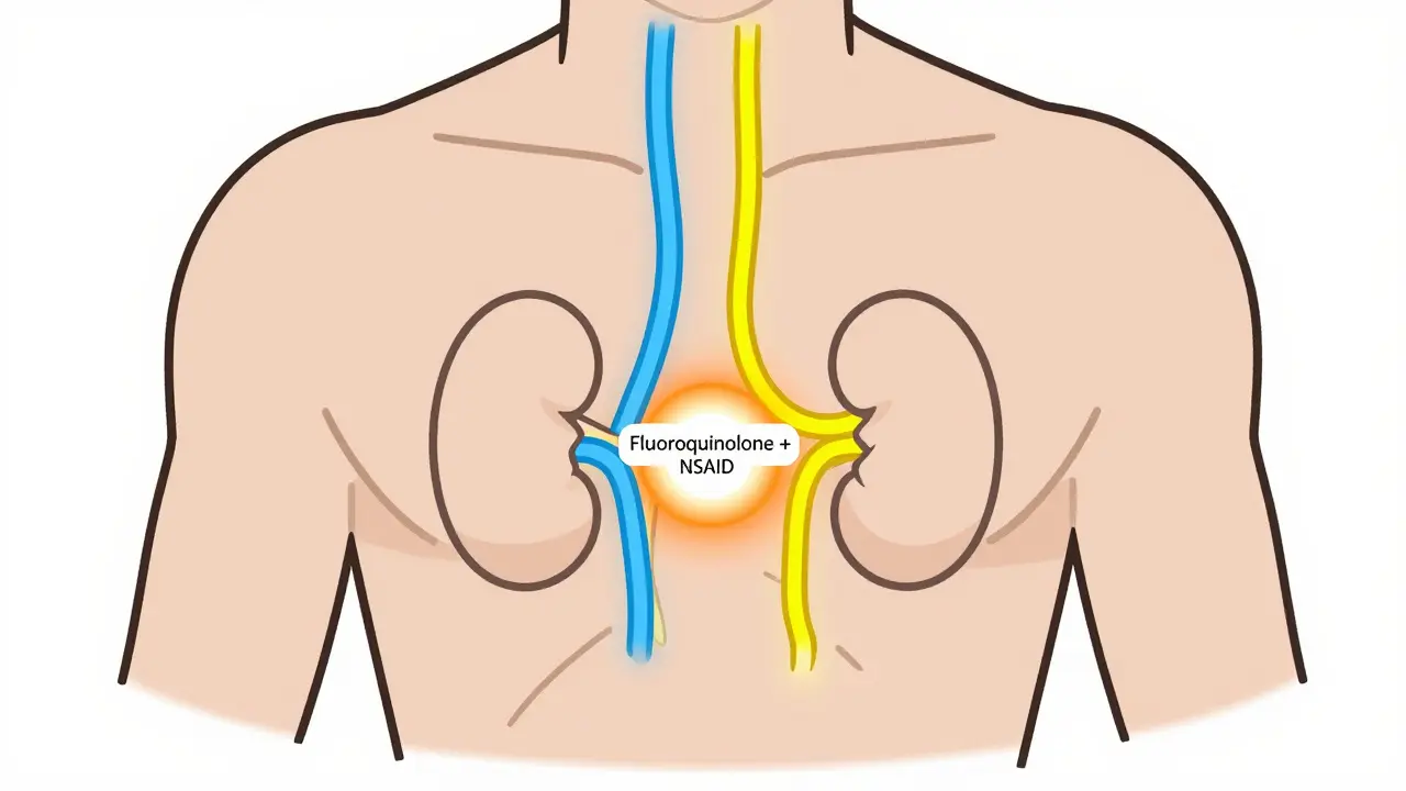 Stylized torso with kidney and nerve pathways fraying where fluoroquinolone and NSAID intersect.