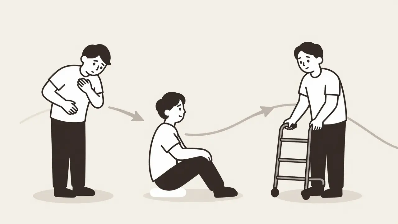 Three figures showing posture effects: standing in pain, sitting relieved, walking with support.