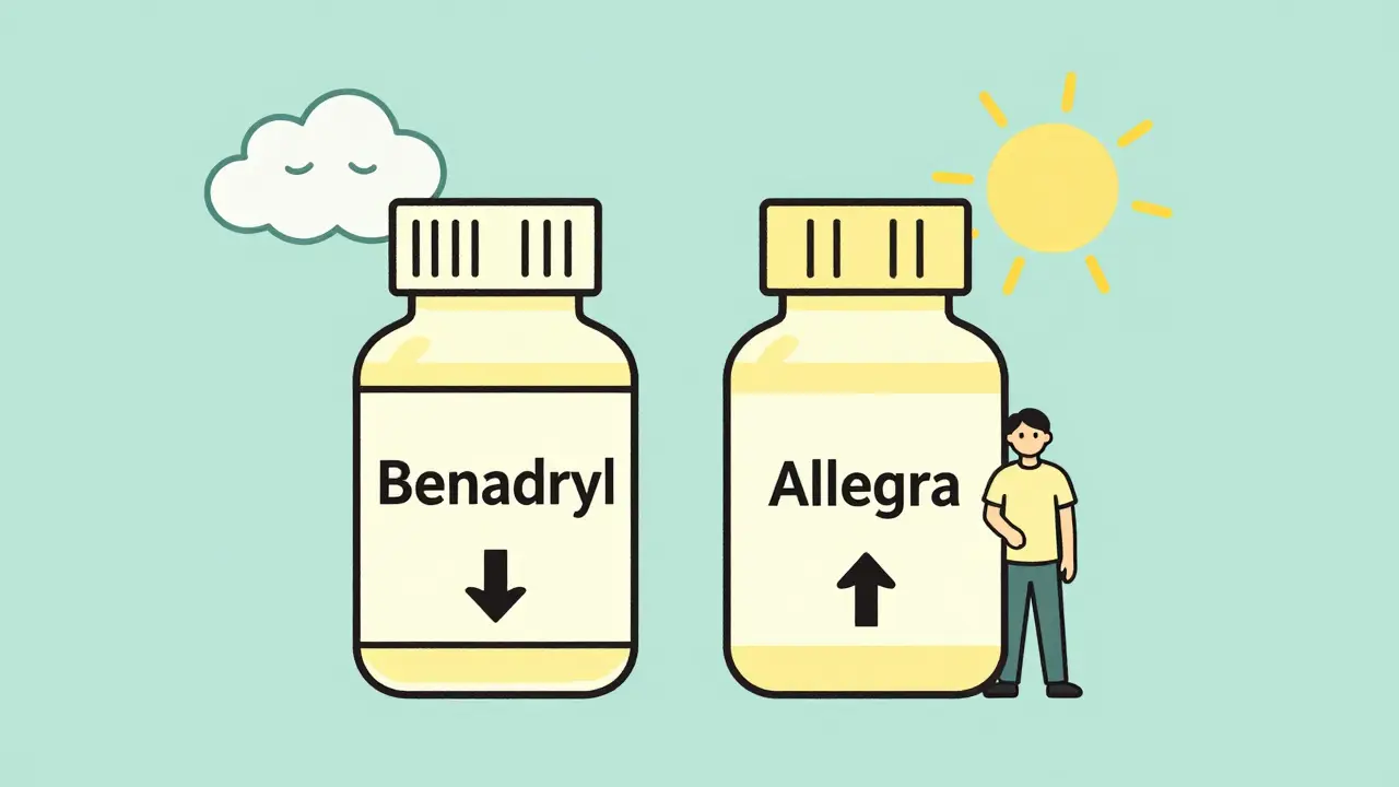 Two antihistamine bottles side by side: one dangerous with sleep cloud, one safe with sun symbol.