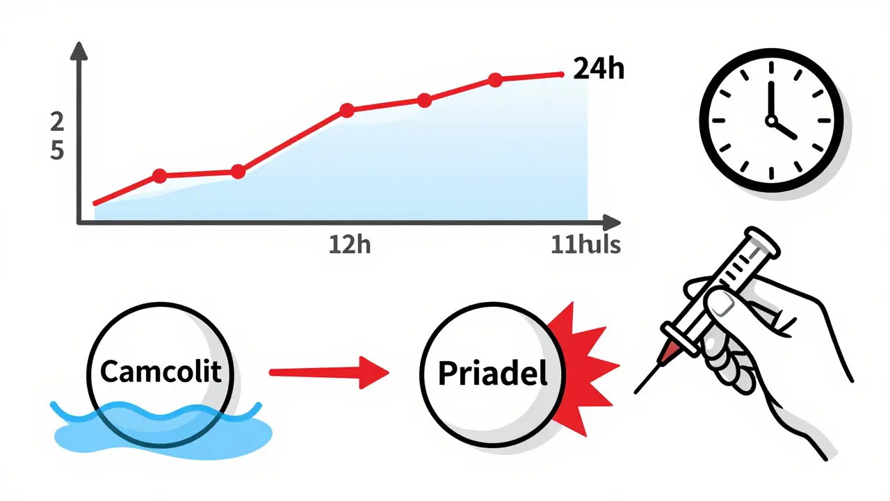 Two lithium pills releasing drug at different rates, with blood level graphs comparing slow versus fast absorption.