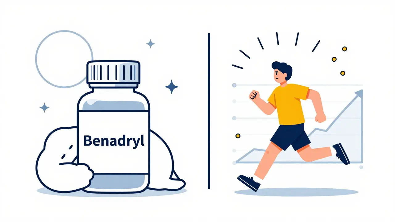 Two medicine bottles side by side: one causes sleepiness, the other supports an active morning.