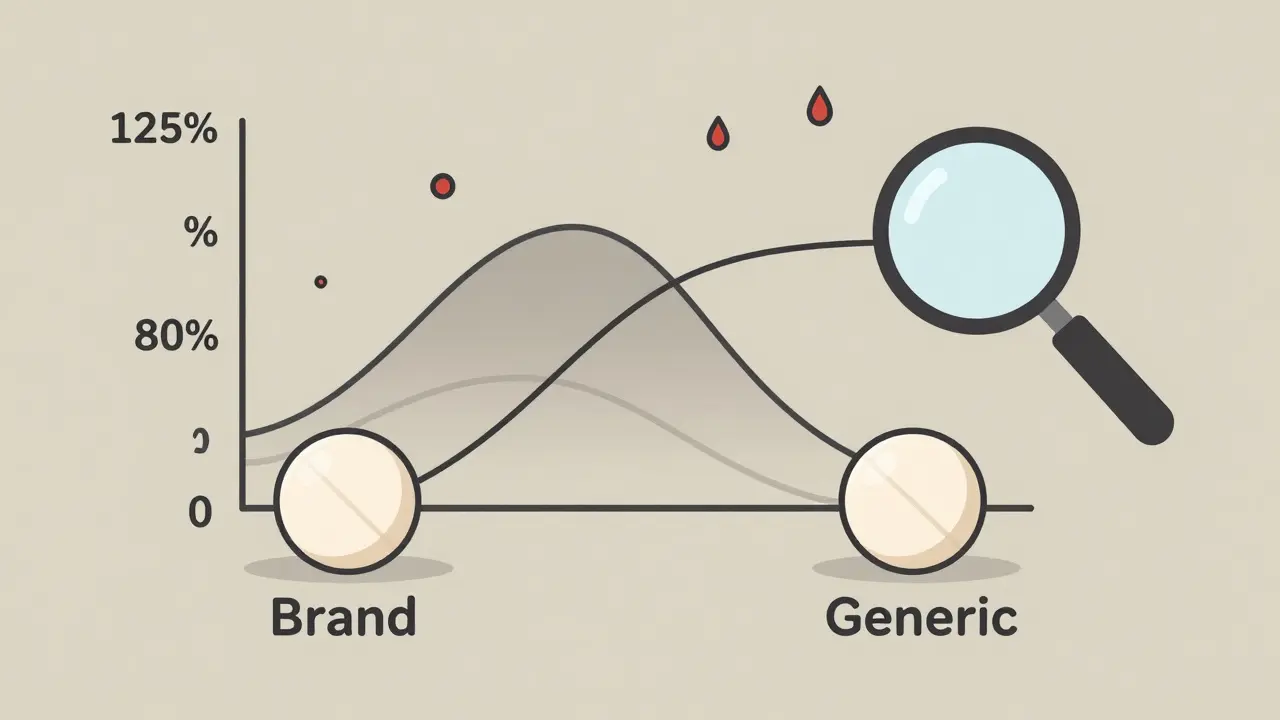 Two pills compared with bioequivalence curves within 80-125% range, illustrated with blood droplets and magnifying glass.