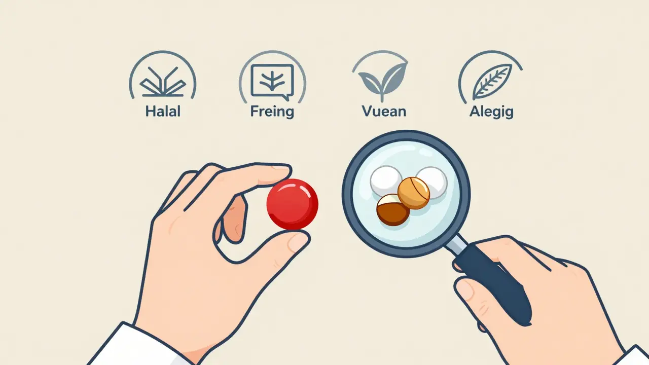 Two pills side by side: one branded, one generic, with hidden ingredients revealed under a magnifying glass.