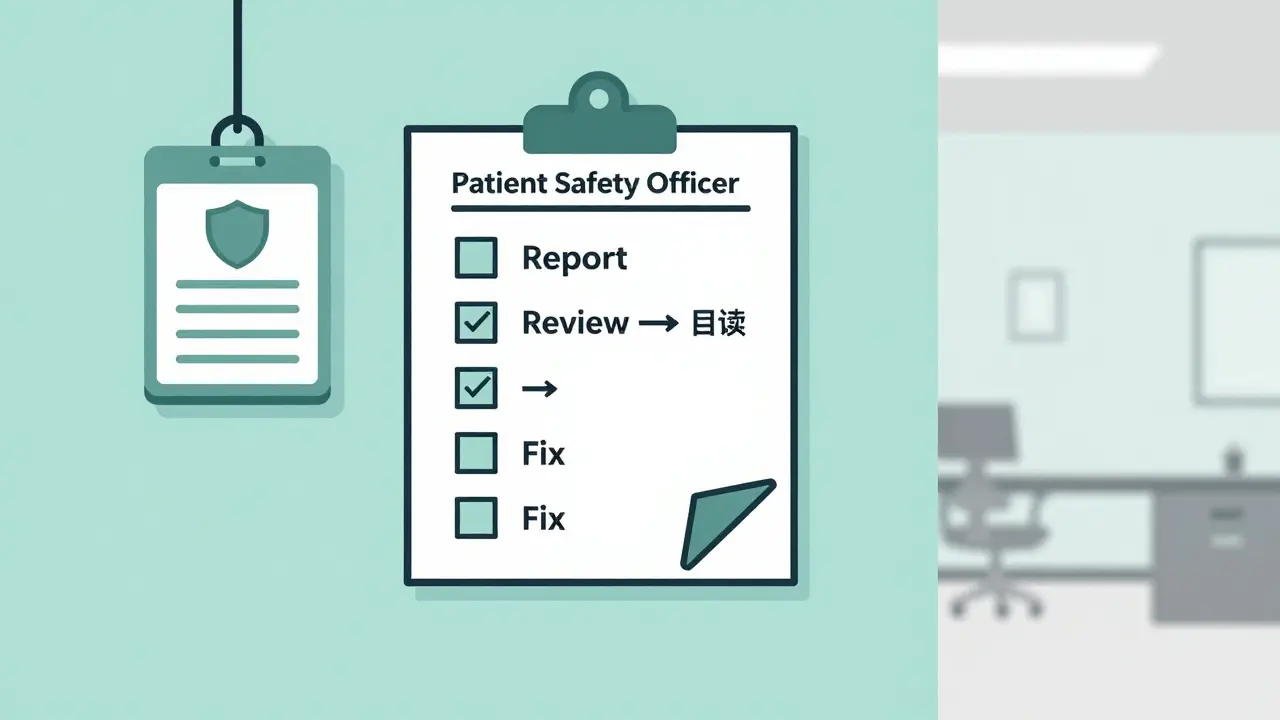 A clinic wall shows a Patient Safety Officer badge and a simple safety checklist.