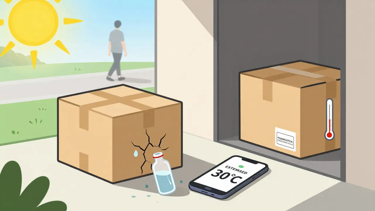 A delivery box left in the sun with damaged medication leaking, while a safe one remains protected indoors.