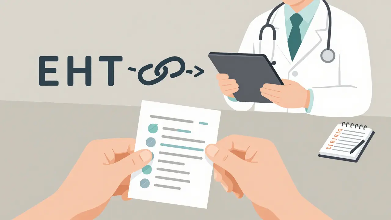 A hand giving a medication list to one doctor while another doctor sees a disconnected health record system.