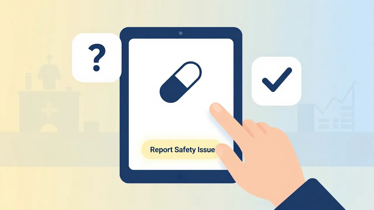 A hand submits a report on a tablet with a glowing button and safety icons.