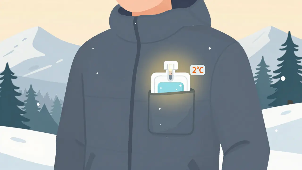 A hiker keeping medication warm inside their jacket during winter, with a small thermometer showing safe temperature.