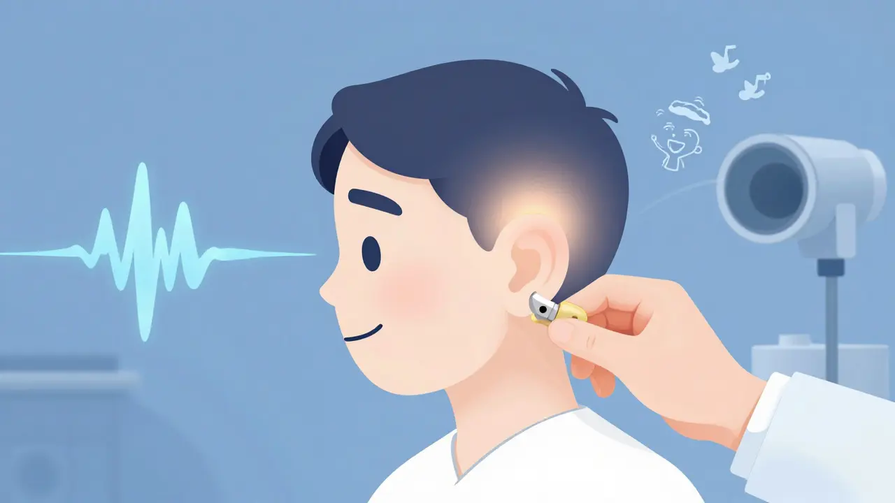 A person hearing clearly again with subtle symbols of modern ear surgery and restored sounds.