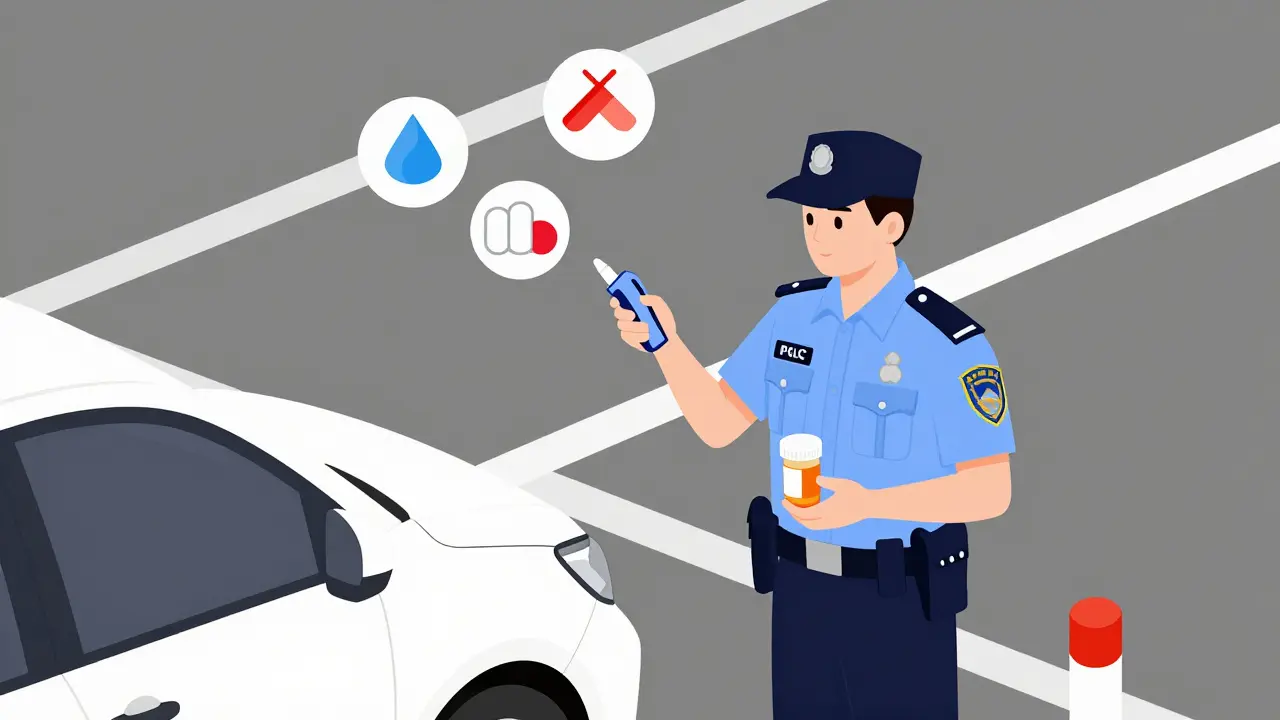 A police officer testing a driver's saliva for opioids at a roadside checkpoint with prescription bottle visible.