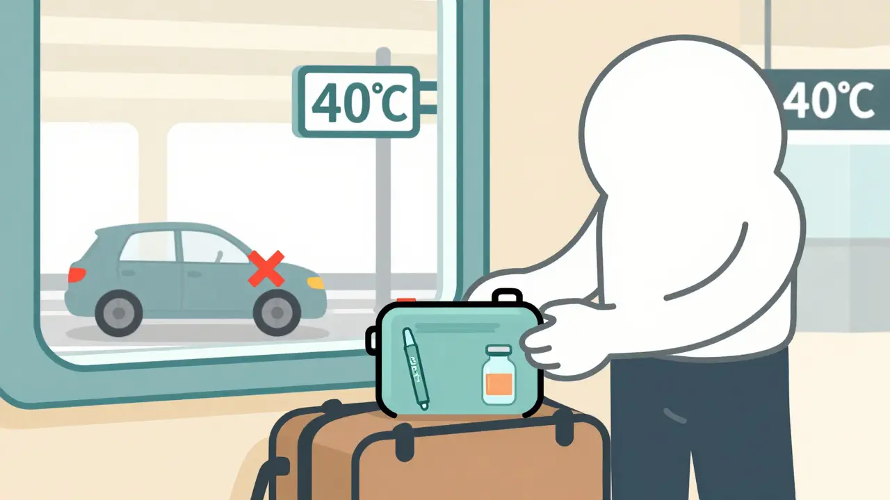 A traveler carrying emergency meds in an insulated pouch in their carry-on, with a warning symbol over a hot car.