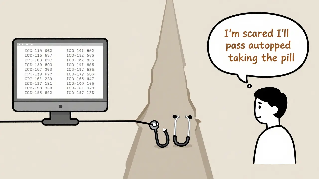 Doctor sees medical codes; patient thinks in plain words, separated by a chasm.
