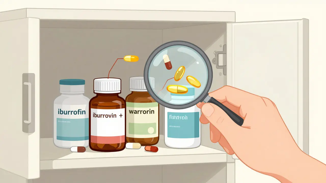 Medication bottles and supplements connected by warning lines, highlighting dangerous drug interactions.