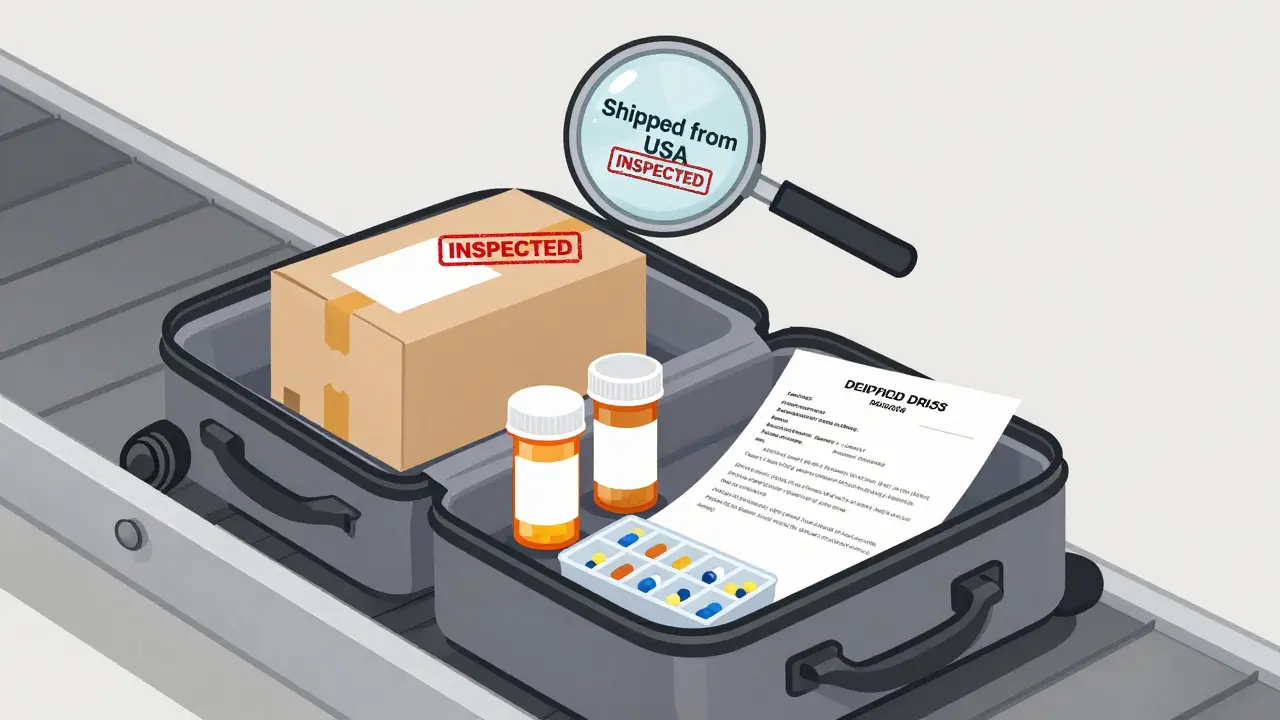 Open suitcase with labeled prescription bottles and doctor’s letter beside a flagged package.