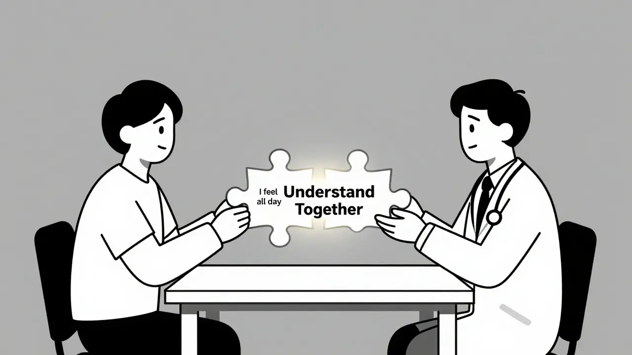 Patient and doctor hold puzzle halves with medical terms and plain language.