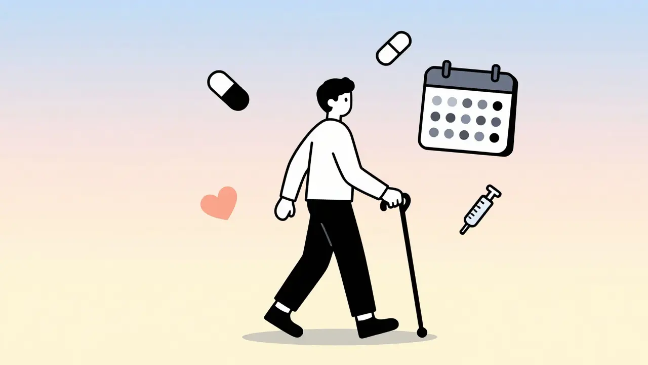 Person walking with heart-shaped cane, surrounded by alternative treatments