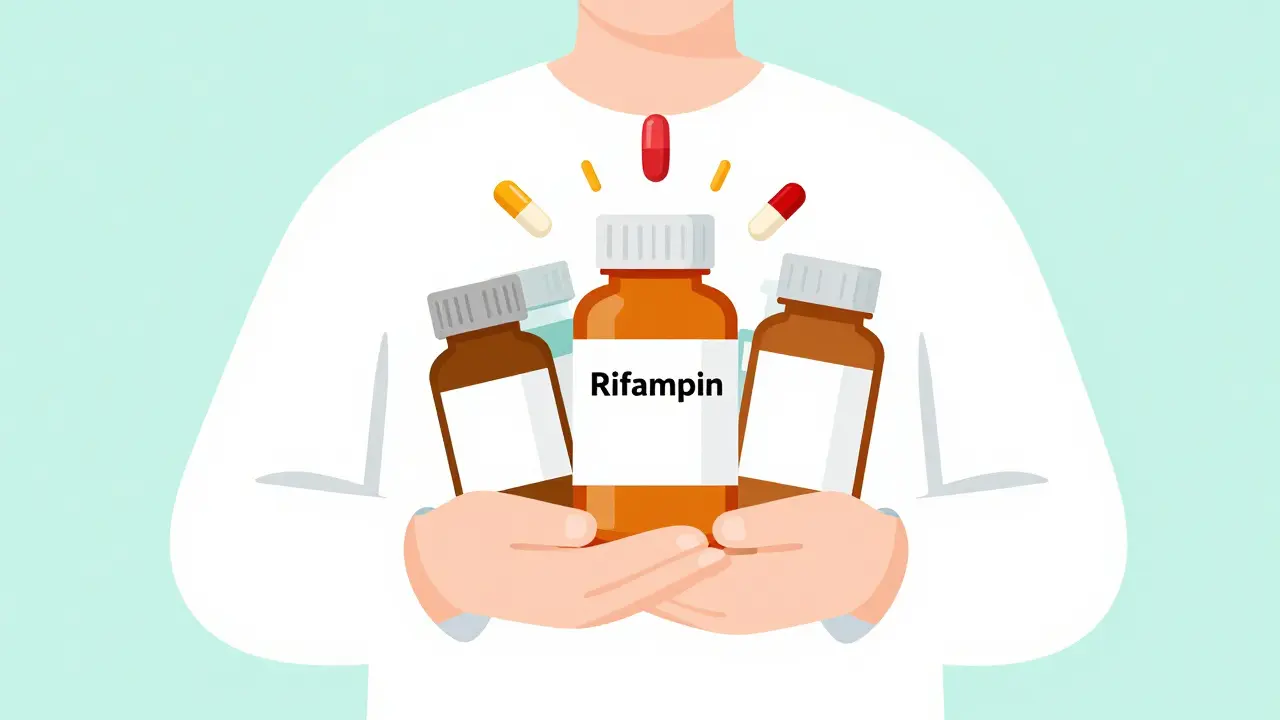 Person with medication bottles affected by Rifampin in minimalist illustration.
