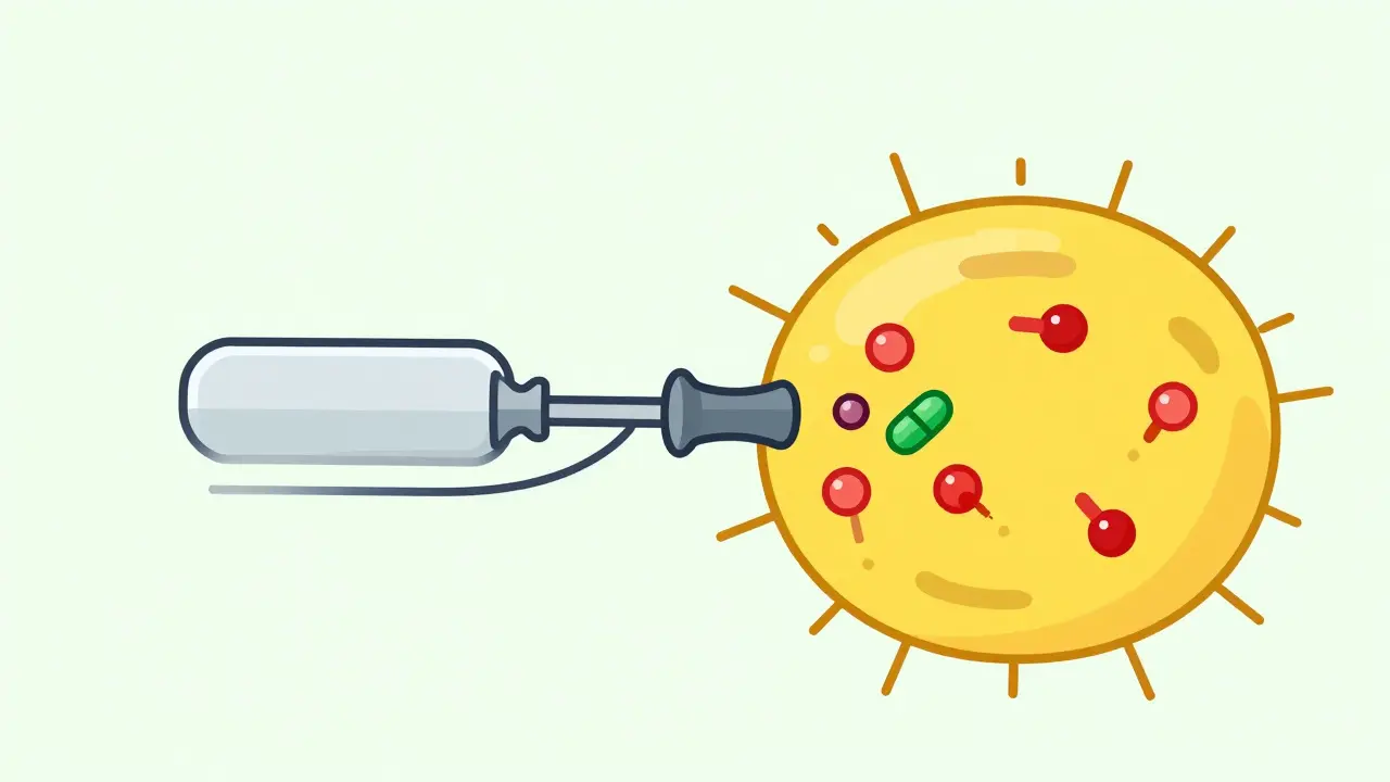 TB bacteria with efflux pump blocked by verapamil in minimalist art.