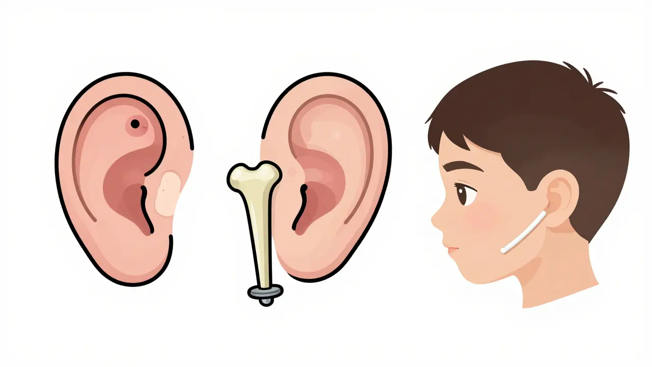 Three minimalist ear conditions showing surgical repairs: eardrum patch, stapes piston, and ear tube.