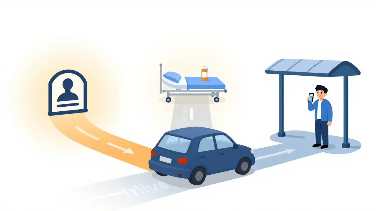 Three paths from an empty car showing consequences of driving on opioids versus choosing a safe ride.