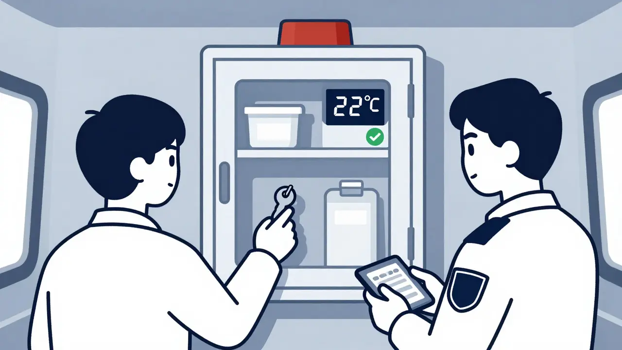 Two paramedics accessing a temperature-monitored locked cabinet in an ambulance, ensuring rapid response.
