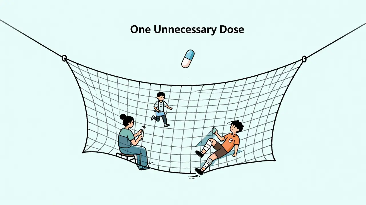 A fragile safety net cracking as people fall through, with one antibiotic pill dropping above, symbolizing the collapse of modern medicine.