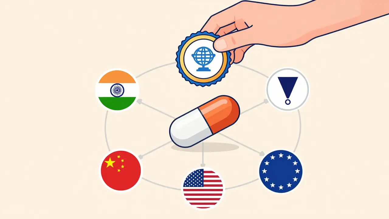 A generic pill connected to global supply chains with a certification seal above it.