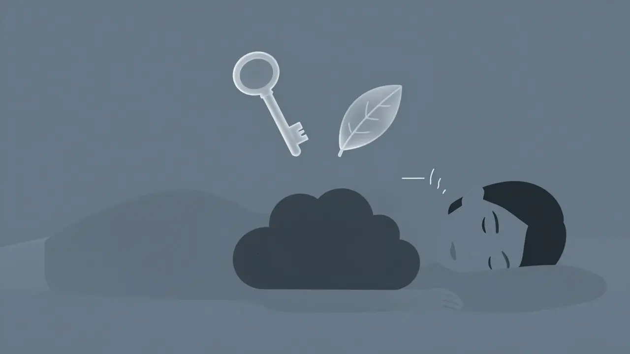 A sleeping person with drug molecules merging into a dark cloud over their chest, flattening their breathing line.