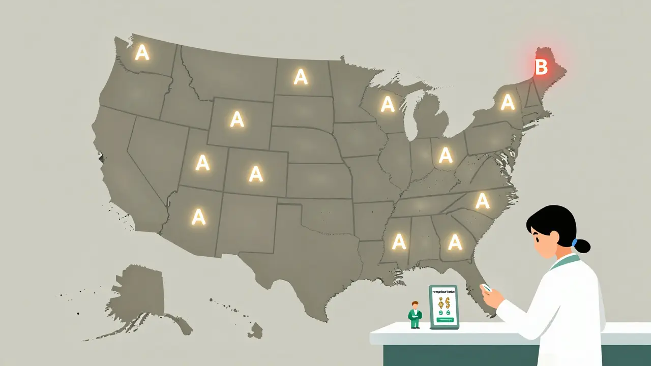 Map of the U.S. with 'A' ratings across states, pharmacist checking FDA Orange Book update on tablet.