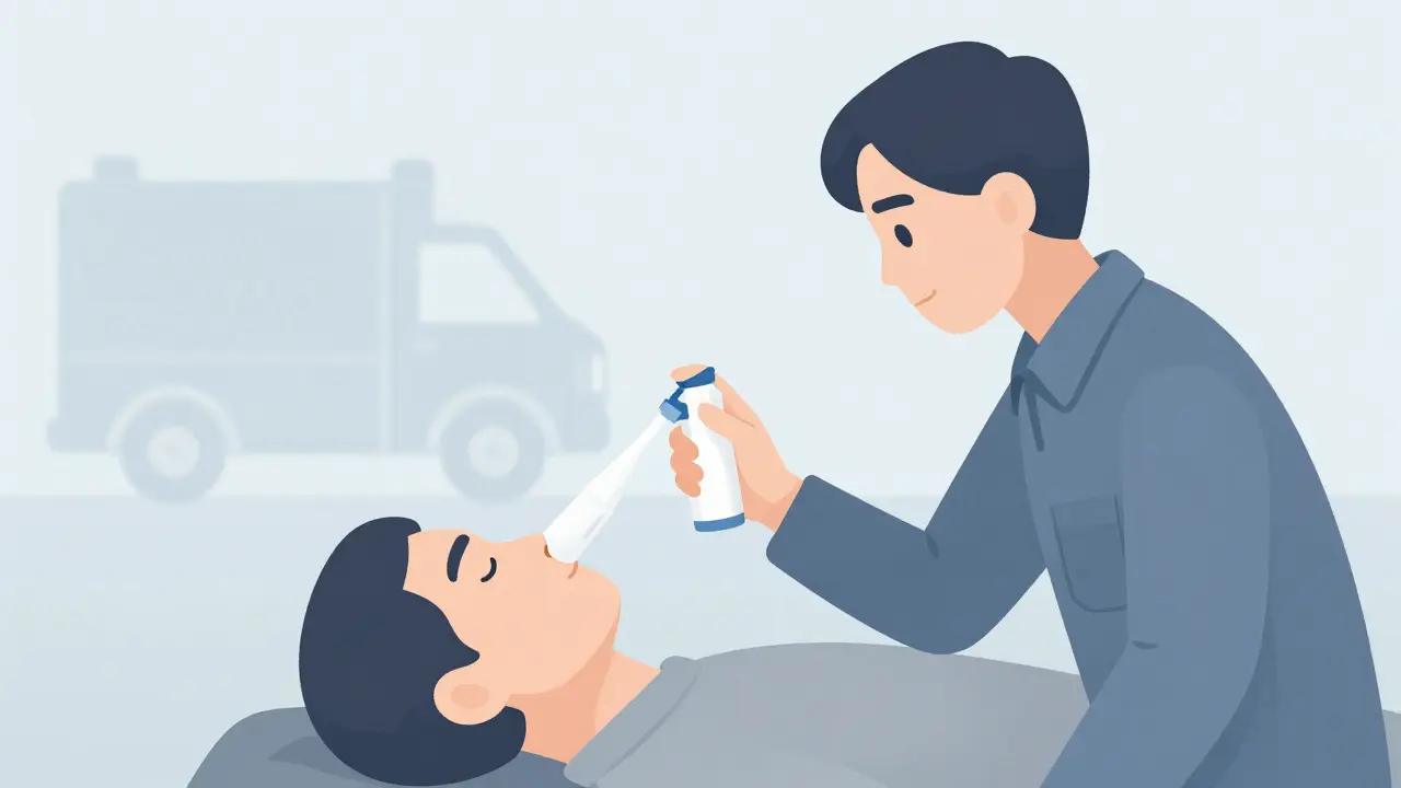 Rescuer preparing to use nasal spray on unconscious person.