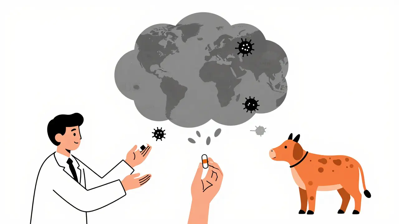 Three hands handing pills to a growing bacterial cloud representing global antibiotic misuse across healthcare and farming.