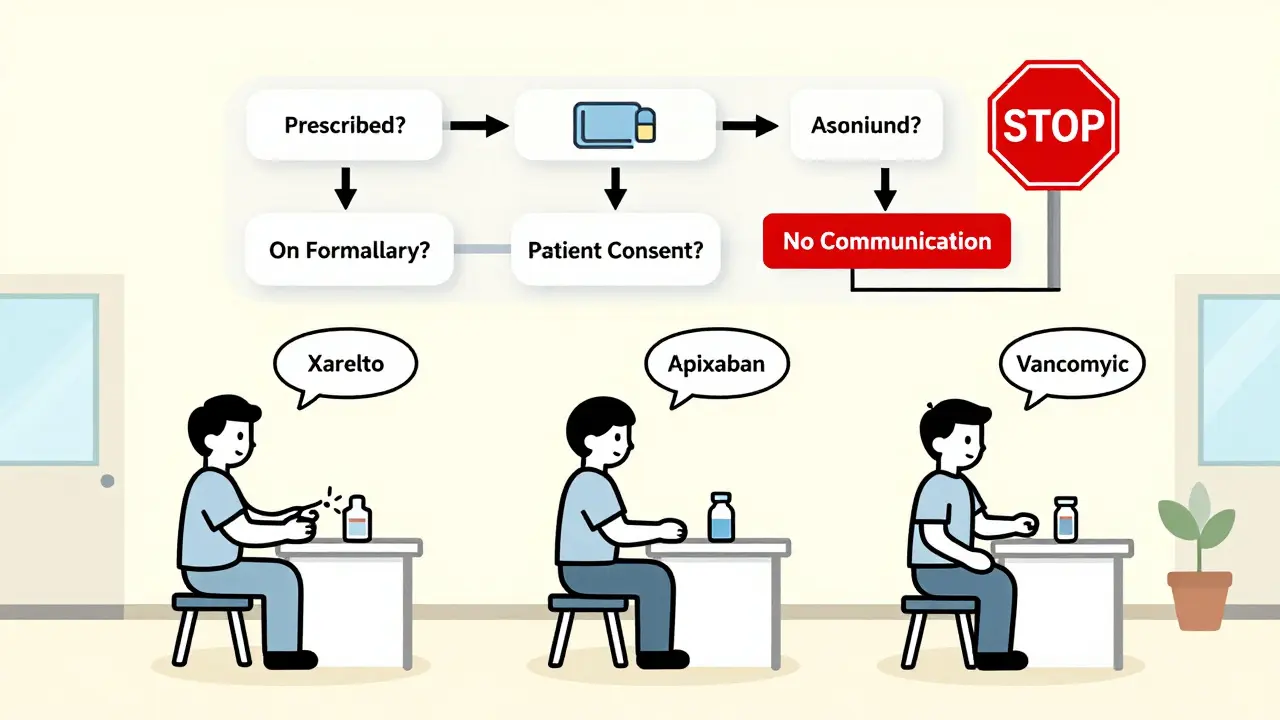 Three patients in nursing home receiving different drugs with decision flowchart above.