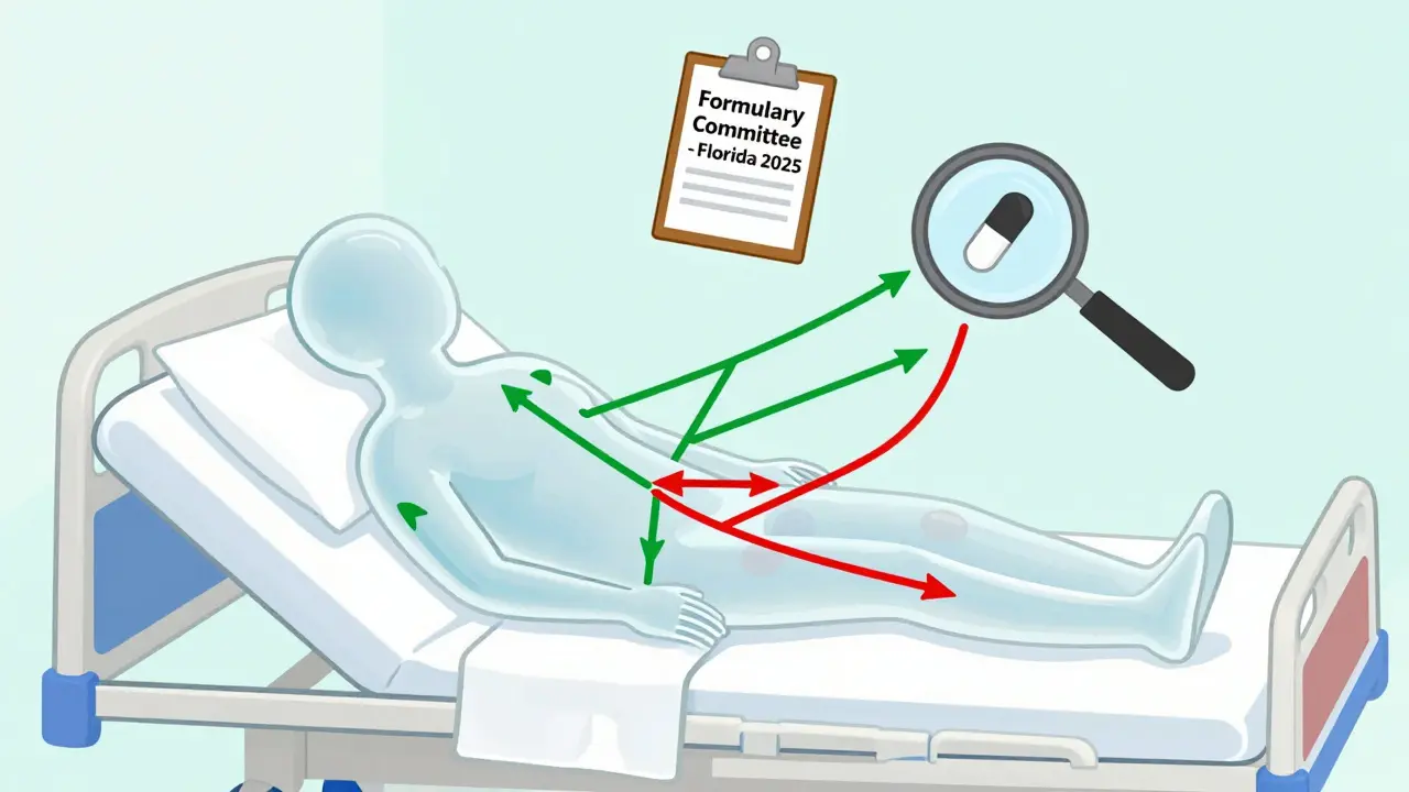 Transparent patient with drug pathways—green for safe, red for chaotic—overseen by formulary committee.