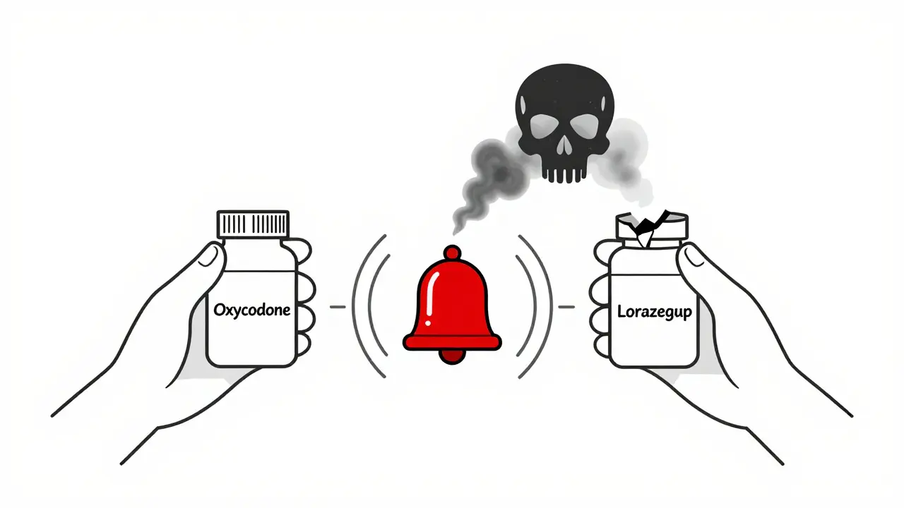 Two pill bottles side by side with a red alarm bell and dark mist forming a skull, representing the deadly combination.
