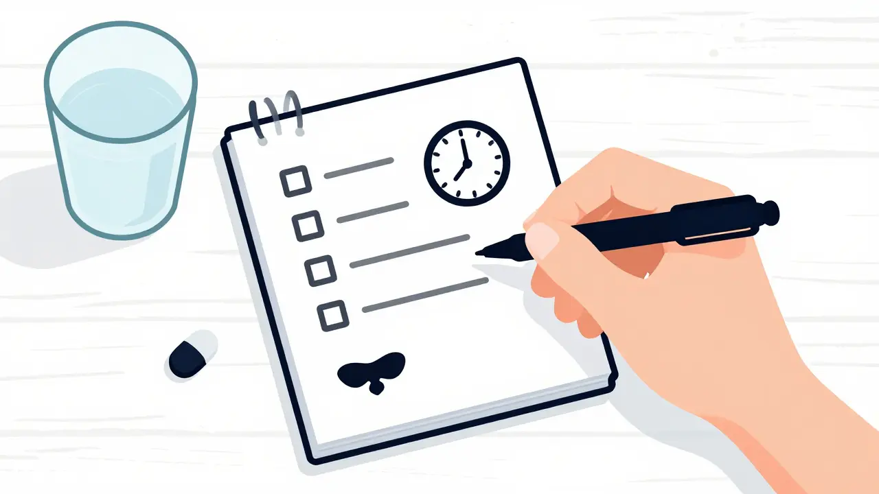 A bladder diary and a clock highlighting the 2 PM rule for medication