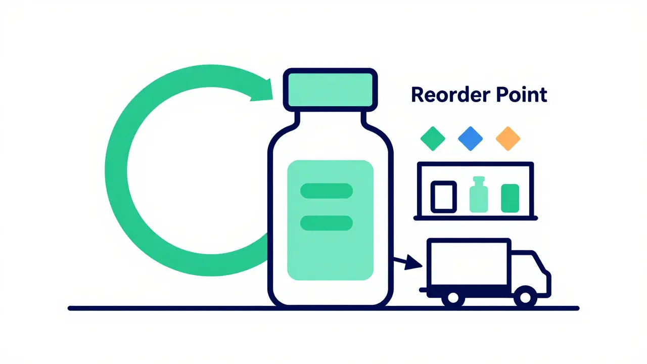 A flat illustration of a medicine bottle with a reorder point progress indicator.