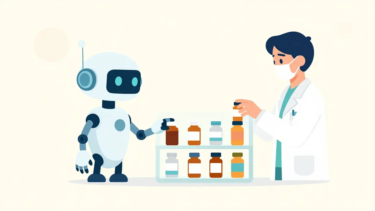 A robot arm and a human hand organizing pharmacy inventory together.
