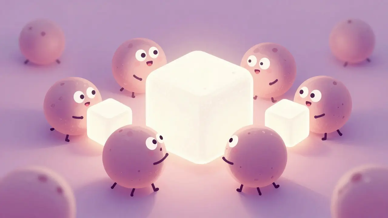 Cartoon depiction of yeast cells gathering around glowing sugar cubes.