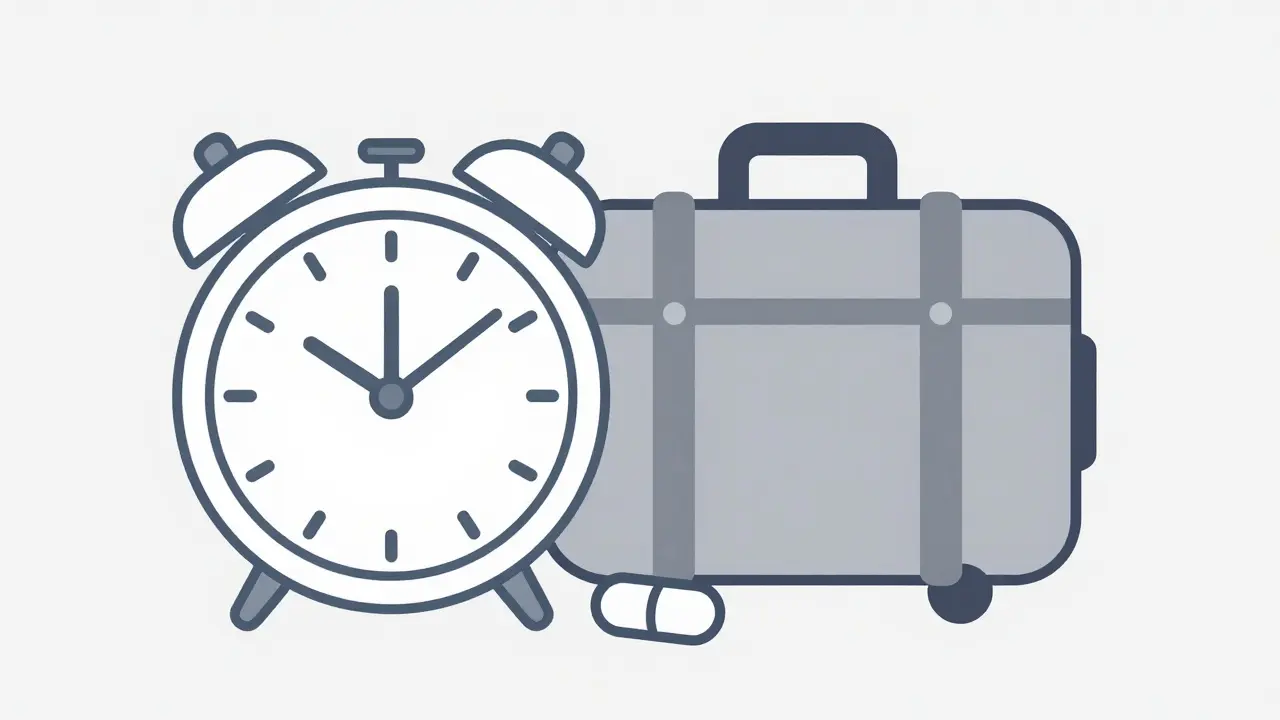 Clock and travel bag symbolizing taking medication an hour before a trip