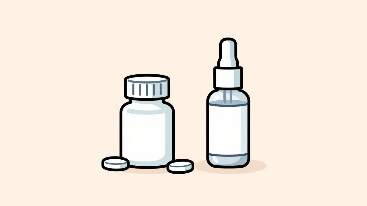 Dapsone tablets in a bottle and a topical gel pump bottle