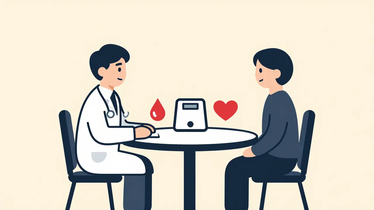 Doctor and patient reviewing health monitoring symbols at a table.