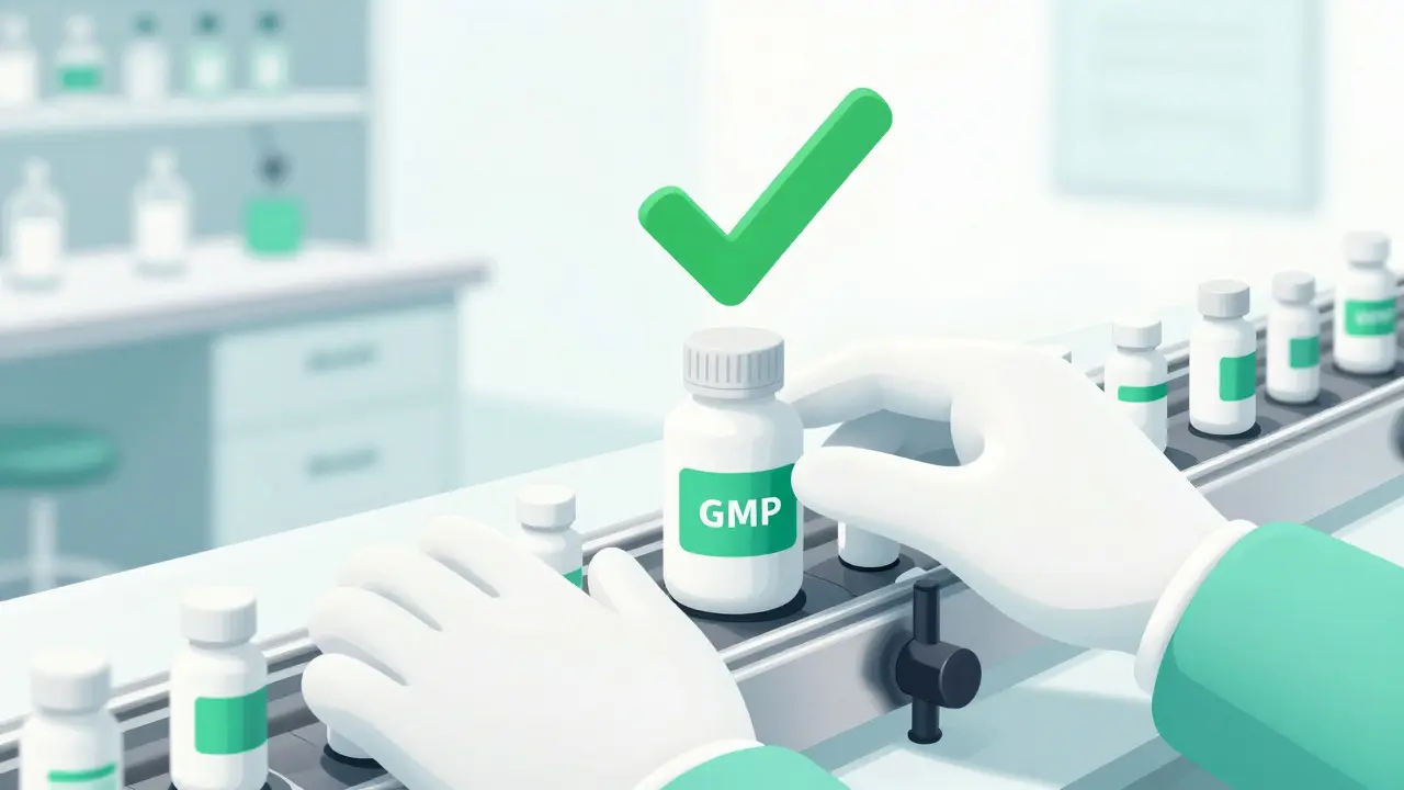 Gloved hands inspecting pharmaceutical bottles on a production line