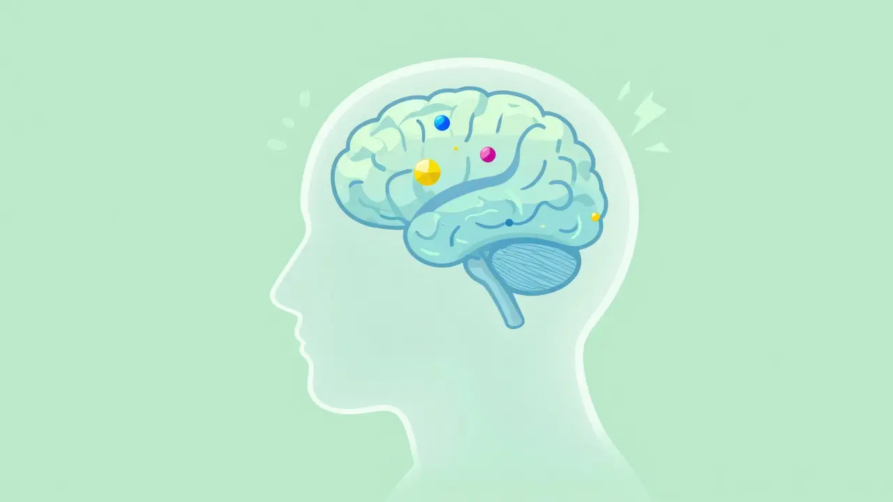 Head silhouette with calming shapes smoothing turbulent internal lines.