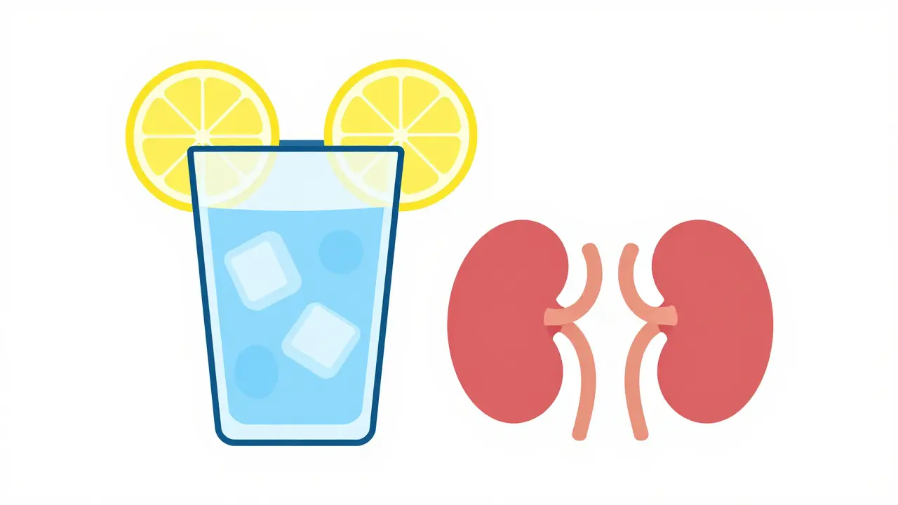 Minimalist illustration of a glass of water next to a heart and kidney symbol.